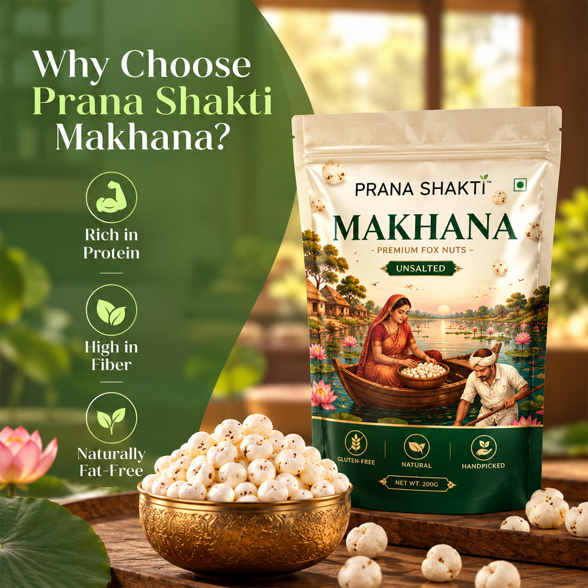 Prana Shakti Premium Unsalted Makhana (Fox Nuts) – 200g | Natural & Gluten-Free