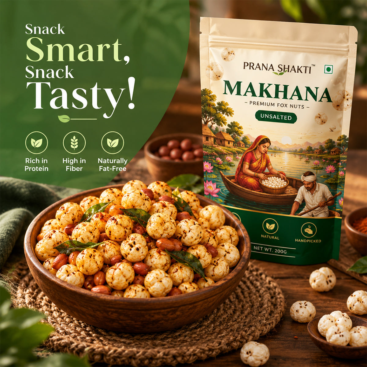 Prana Shakti Premium Unsalted Makhana (Fox Nuts) – 200g | Natural & Gluten-Free