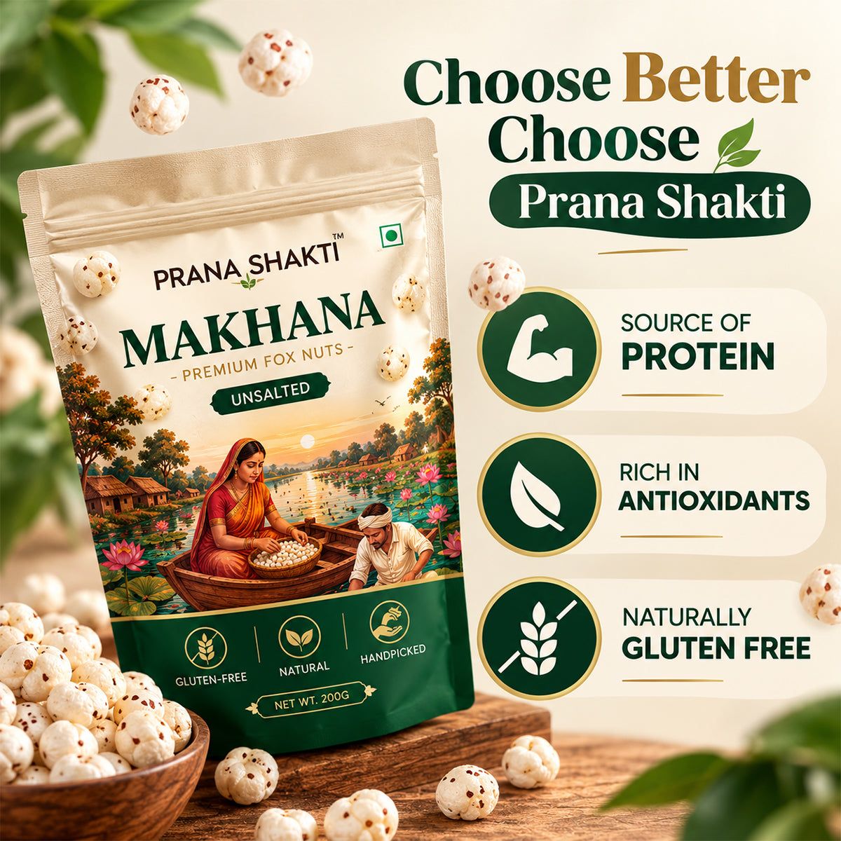 Prana Shakti Premium Unsalted Makhana (Fox Nuts) – 200g | Natural & Gluten-Free