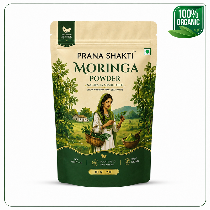 Prana Shakti Moringa Powder | Hand Grown, Plant-Based Super Food | No Additives - 200g